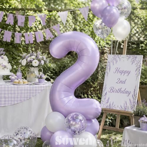 Image of SUWEN 40 Inch Light Purple Large 2 Balloon Number Big Foil Helium Lavender Number Balloons Huge Mylar 0-9 Giant Jumbo Happy 2nd Birthday Party Anniversary Decorations