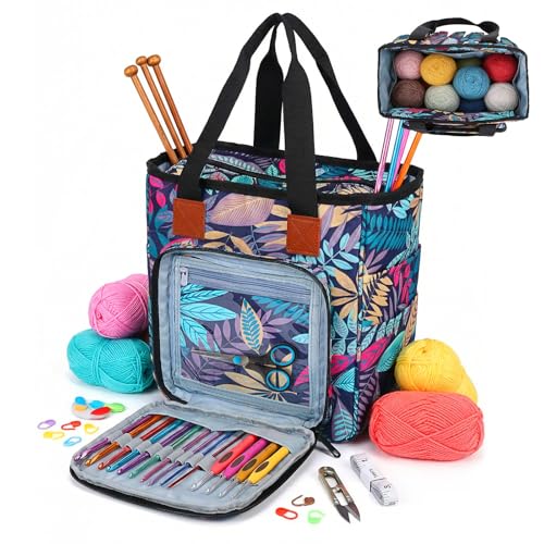 Organizador de bolsa de projeto de bordado, bolsa de tricô de tecido Oxford, organizador de artesanato de viagem para projetos inacabados, armazenamento de fios com vários bolsos, presente para