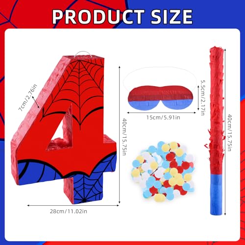 16 Inch Number 4 Spider Pinata with 16 Inch Piñata Stick Blindfold Confetti for Boy Girl Kids 4th Birthday Party Decorations (4th)
