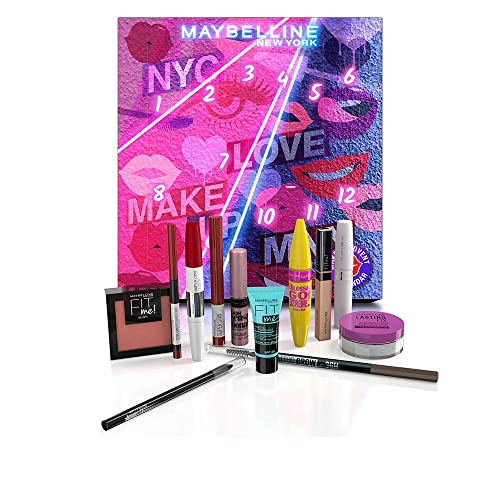 Maybelline New York, Calendario de Adviento de 12 días de Maquillaje, Incluye 12 productos icónicos para ojos, rostro y labios
