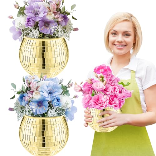 Image of Mirrored Disco Ball Planter,2 Pcs Disco Ball Vase,4.4 x 6 in(Gold)