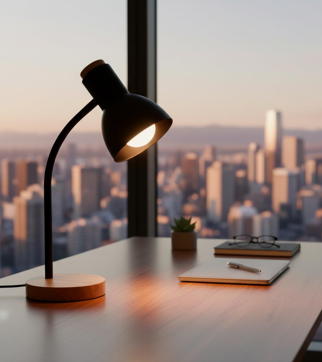 BEL AIR HOME | Lámpara flexo de escritorio ARGOS | 40 cm, negro, madera natural y metal | Cuello flexible, base antideslizante, cable con interruptor | Iluminación eficiente y elegante