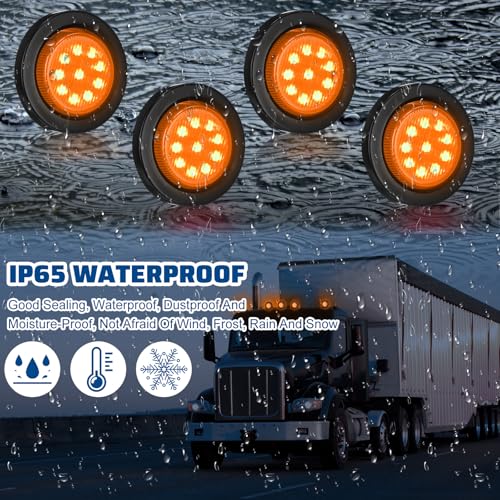 Image of Treela 16 Pcs 2 Inch LED Marker Lights 10 LEDs Round Trailer Light Waterproof Sealed with Rubber Flush Mount Grommet 2 Prong Wire Pigtails for RV Truck Semi Trailer Side Tail Lights(Yellow)