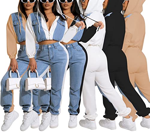 Two Piece Outfits For Women Sweatsuits Set Fall Winter - Women 2 Piece Workout Sets Long Sleeve Casual Denim Hoodie Sweatshirt Crop Top Bodycon Long Pants Set Sports Tracksuits With Pockets Black, Xxl #TOP3