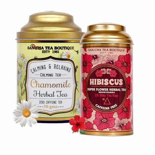 Image of Sancha Tea Boutique, Tea Combo Pack: Chamomile Herbal (50g) & Hibiscus Teas (25 Pyramid Bags), Calming & BP Control, Caffeine Tisanes