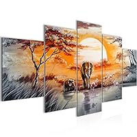 Tableau éléphant Afrique 5 Parties - 200x100 Cm - Décoration Murale Beige Et Brun