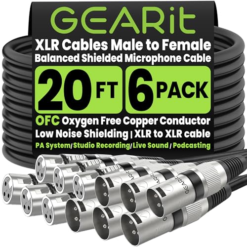 Image of Gearit XLR Microphone Cable (20 Feet, 6-Pack) - Male to Female 3-Pin Balanced Shielded for Mic Mixer, Recording Studio, Podcast - Black, 20ft