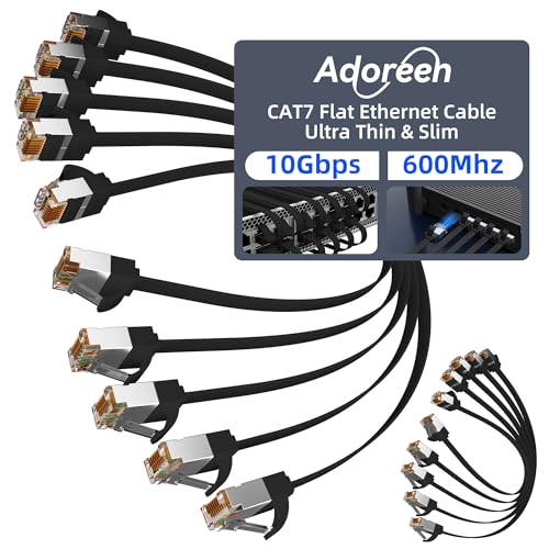 Adoreen Cat 7 Flat Ethernet Cable 1 Ft/10 Pack, High-Speed Shielded Internet Network Cable with Low Profile&Compact RJ45 Connector, Thin Slim Short Cat 6E 6A Patch Cord,S/FTP,POE,10Gbps 600MHZ, Black