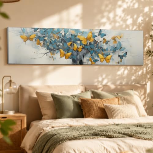 Image of Large Stretched Canvas Painting, Panel Wall Painting Abstract Tree with Yellow Butterfly Luxury Paintings for Home Decoration, Living room, Bedroom and Office Decor (Sky Blue, 12x46 Inch)