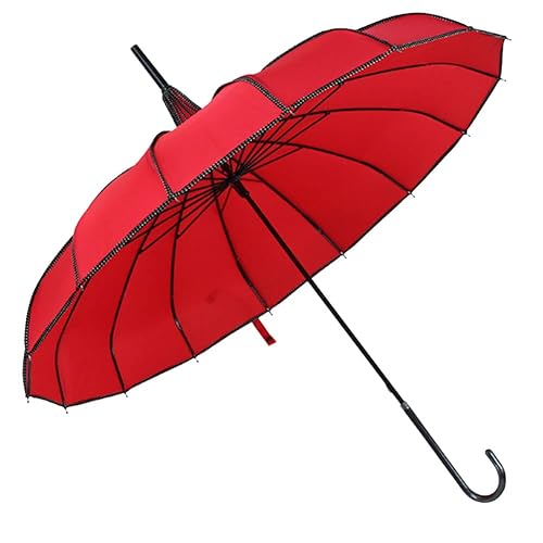 ThreeH Pagoda Umbrella Vintage Bridal Parasol Windproof 16 Ribs Leather Hooked Handle Rain Sun Umbrella - Red