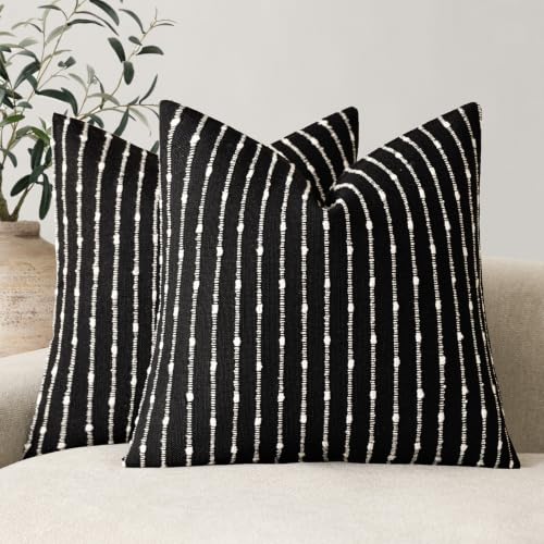 Image of Foindtower Decorative Striped Boucle Throw Pillow Covers 18x18 Inch Black