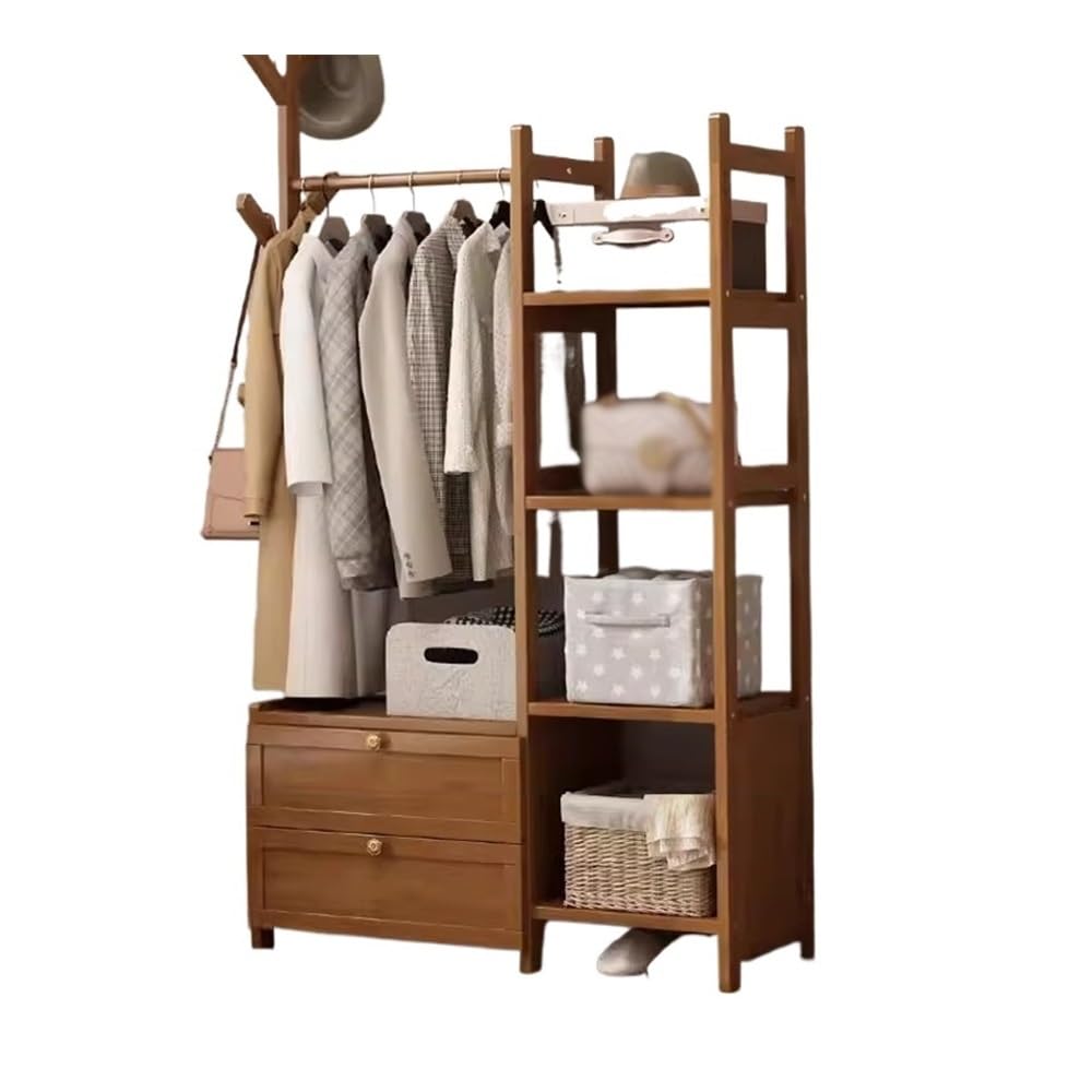 Dh2yjnbf3 Standing Clothes Hanger Floor Coat Rack with Storage Drawer Household Bedroom Hanging Open Wardrobe Hallway(Bruin,Large)