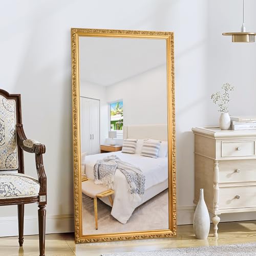 Autdot Large Decorative Mirror for Wall Decor, 59''x 29'' Gold Antiuqe Living Room Mirrors with Ornate Carvings Wood Frame, Big Vanity Mirror for Bathroom, Horizontal/Vertical