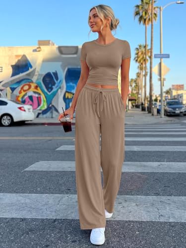 Image of Trendy Queen 2 Piece Matching Summer Lounge Set Womens Side Ruching Top Wide Leg Pants Sets with Pockets