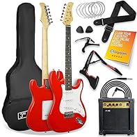 Classic ST style electric guitar with bundle of accessories Single coil pickups, tone and volume controls Rosewood fretboard with white scratch plate Premium pack includes: 10W amp, tripod stand, capo, strap, picks, spare strings, cable and whammy ba...