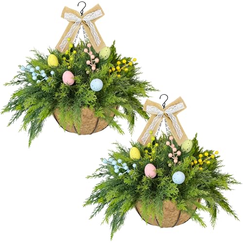 NSOPB Set of 2 Easter Artificial Hanging Plant Flower Baskets, Fake Planter Hanging with 24 Pcs Cypress Leaves, Faux Ferns with Easter Eggs & Berries for Outdoor Spring Decor Porch, Garden, Patio