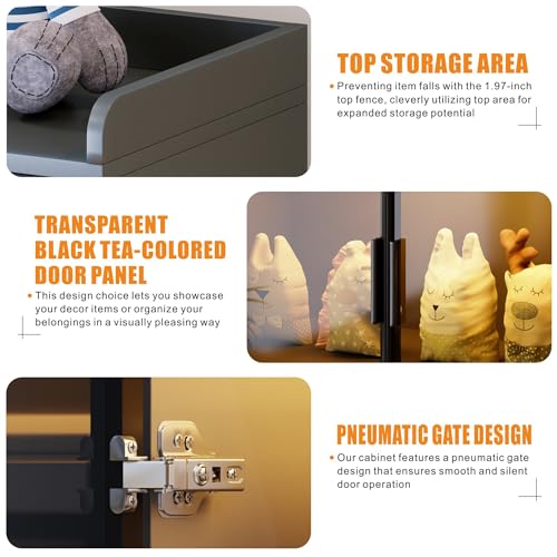 Dystler 65" Tall Display Cabinet with Doors, Lighted Bookcase with Lights/Human Sensor, 5 Tier Display Case with Adjustable Shelves for Collectibles Bedroom Living Room Office, Grey-Smoked Black Door image 5