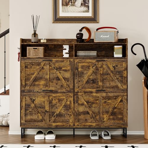 Image of BORNOON Shoe Cabinet with 4 Flip Drawers Narrow Shoe Storage Cabinet Organizer Wooden Freestanding Shoe Rack Hidden Slim Shoes Storage Cabinet for Entryway, Hallway, Living Room, Bedroom