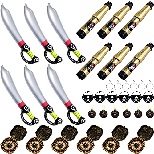 Gejoy 36 Pieces Pirate Party Supplies Include Pirate Swords, Captain Pirate Dress-up Earrings Eye Patches, Pirate Tags Telescopes Compasses for Kids Halloween Birthday Party Supplies