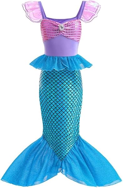 Lito Angels Deguisement Robe sirene Princesse des mers Costume avec Perruque pour Enfant Fille Taille 2 à 9 ans, Violet Bleu - 1
