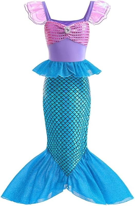 Lito Angels Costume da Sirenetta Vestito Principessa Ariel Sirena con Parrucca per Bambina Taglia 2 a 9 Anni, Viola Blu