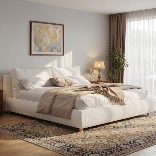 KT Rolster King Size Bed Frame with 2 Removable Pillow Headboard, Boucle Fabric Marshmallow Upholstered Platform Cloud Bed, King Soft Frame Cream Bedframe, Wood Slats Support, White Beds