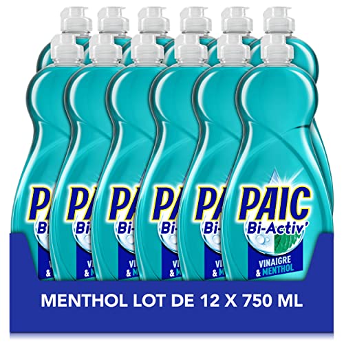 PAIC - Liquide Vaisselle Main BI-ACTIV' Vinaigre & Menthol - Nettoie - Dégraisse - Lot de 12 flacons de 750mL