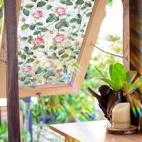 Image of XhuangTech Flower Sunroof Film Floral Rainbow Effect Static Clings Window Privacy Film Sun Protection Stained Glass Decals for Car Moonroof and Home (F837, 17.72 x 35.43 Inch)