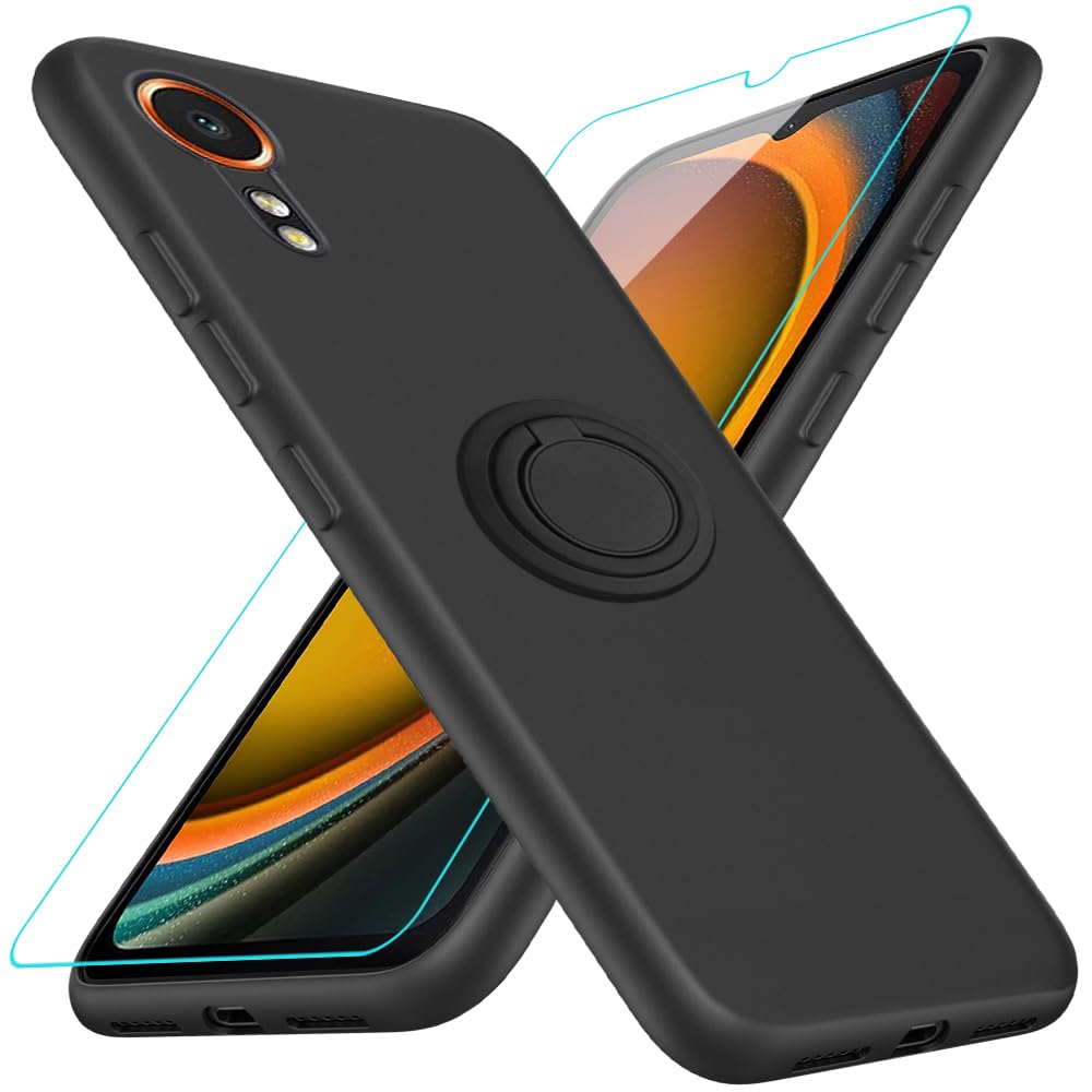 Compatible for Samsung Galaxy XCover-7 Phone Case with Glass Screen Protector, 360° Rotatable Ring Holder Kickstand/Stand Silicone TPU Shockproof Protective Case for Samsung Galaxy XCover-7 - Black