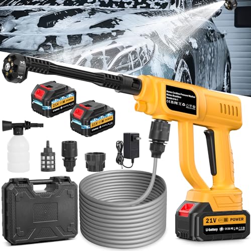 Hidrolimpiadora de Bateria, 21V Hidrolimpiadora de Alta Presión Portátil, 120Bar Pistola Agua Presion Bateria, Boquilla Ajustable6 En 1 con 2 Baterías de 3000mAh Adecuado para Varios Coches/Pisos/Jard