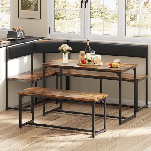 YITAHOME Corner Dining Table Set for 4-6 People with L Shaped Bench, 3-Piece 47.2" Breakfast Nook with Banquette Seating, Industrial Kitchen Table Set for Living Room Restaurant, Black Rustic Brown