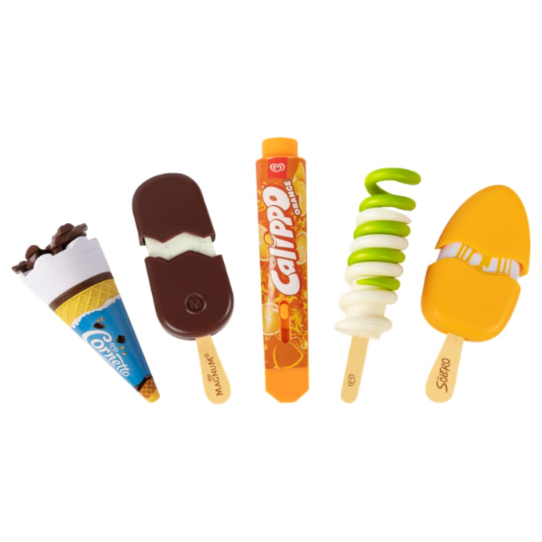 Casdon Walls Play Ice Creams Pack of 5 - Toy Ice Cream Set for Children Aged 2+ - Includes Calippo Orange, Twister, Magnum, Cornetto & Solero - Pretend Play Food Toys for Play Kitchens & Shops