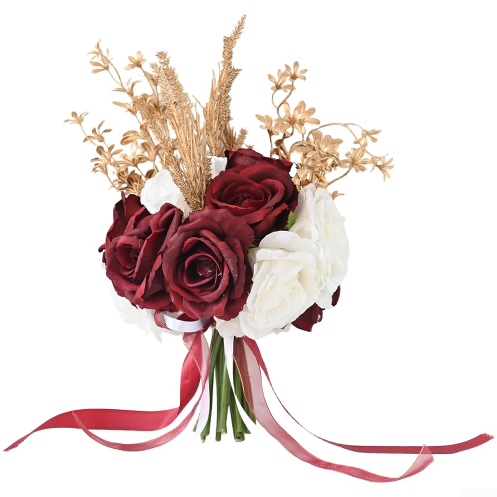 Bouquet da sposa realistico con rose in seta con fiocco – elegante decorazione per matrimoni per damigelle d'onore (stile 1)