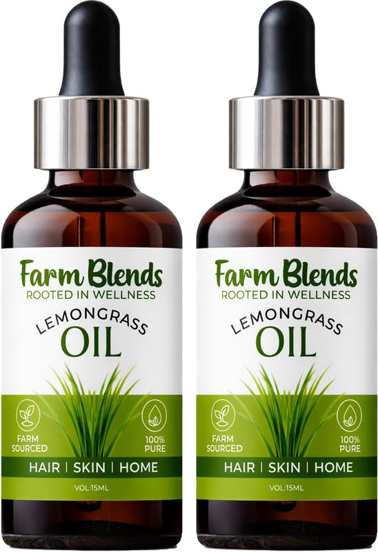 Image of Farm Blends Lemongrass Essential Oil 100% Undiluted Pure | Anti Dandruff, Anti Acne, Natural Mosquito Repellent, Diffuser | Farm To Home | Natural | Cymbopogon citratus|15ML + 15ML (Pack of 2)