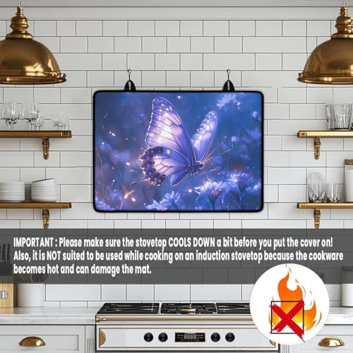 Image of Butterfly Purple Stove Top Cover for Electric Stove, Multifunctional Stove Mat, Heart Resistant Cooktop Cover, Folding Range Top Cover, Countertop Dust Protection Cover, 30 x21 Inches