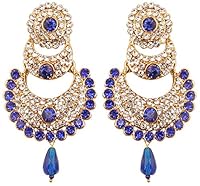 Touchstone Indian Bollywood White Crystals And Faux Blue Sapphire Chand Bali Moon Designer Jewelry Chandelier Earrings For Women In Antique Gold Tone.
