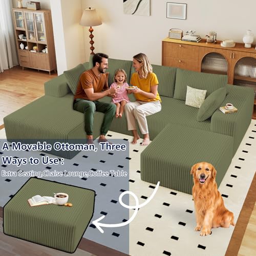 Image of 96 inch Modular Sectional Sofa with Ottoman, Modern Corduroy Cloud Couch with Deep Seat, Boneless Couch Upholstered 3-Seater U-Shaped Sofa for Living Room, No Assembly (Green, Left-Facing Chaise)