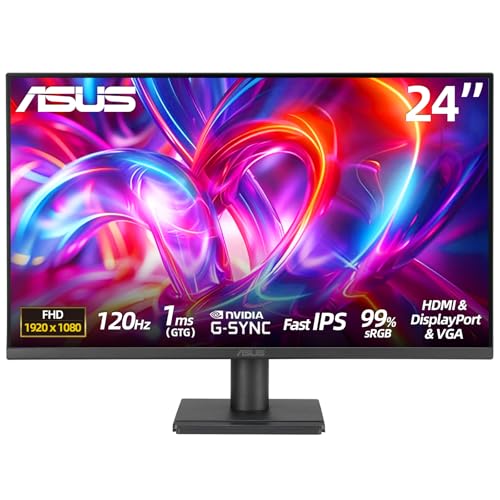 ASUS 24 inch Monitor, FHD(1920x 1080), 120Hz, 1ms, Adaptive-Sync, 99% sRGB, Anti-Glare, Eye Care, VESA Mountable, Speakers, HDMI, DisplayPort, VGA, Frameless, Tilt Adjust, Black, for Office and Gaming