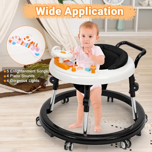 NVW Music and Lights Baby Walker Foldable with 9 Adjustable Heights, Baby Walker with Wheels Portable, Baby Walkers and Activity Center for Boys Girls Babies 7-18 Months (NEW-BLACK) - Image 4