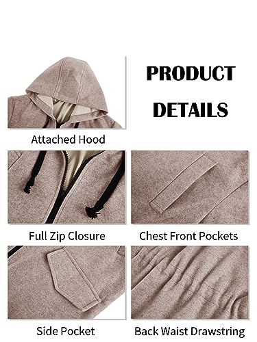 Image of ZIWOCH Mens Trench Coat Wool Blend Hoodie Long Jacket Full Zip Winter Classic Business Overcoat
