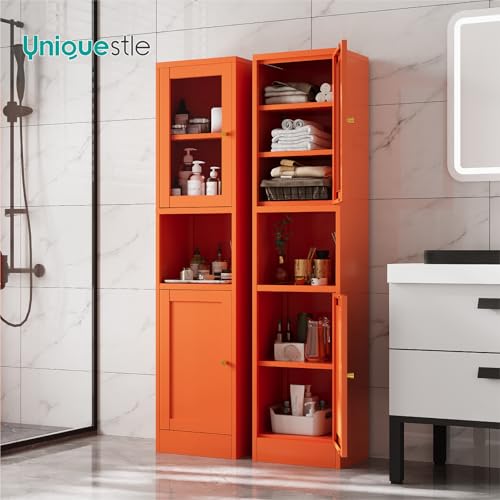 Image of 67 inch Tall Metal Narrow Storage Cabinet with Glass Door and Open Shelf, Shaker Style Slim Cabinet with Adjustable Shelves for Kitchen Bathroom Living Room Laundry Small Spaces, Orange, 1Pc