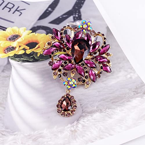 Image of LAXPICOL Wedding Bridal Big Brown Crystal Rhinestone Bouquet Brooch Pin for Women Golden Tone