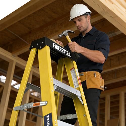Image of Fiberglass Ladder, Single-Sided Stepladder for Electrical Engineering Ladder Construction with a Load Capacity of 330 pounds (4 Steps-Yellow)