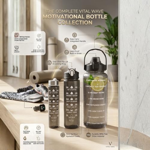Image of Set of 3 Transparent Water Bottle 2000ML, 900ML, 300ML with Motivational Time Marker | Leak Proof&Break-Proof | Best Usage For Office /School /Gym /Travel Water Bottle