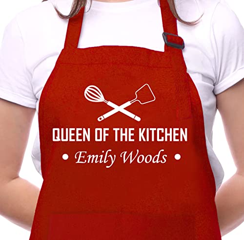 Custom Apron for Women and Mom, Cooking Apron with Custom Name, Women Kitchen Gifts for Mother and Grandma, Birthday, Thanksgiving, Mothers Day from Husband Daughter Son Sister, Personalized Mom Gifts
