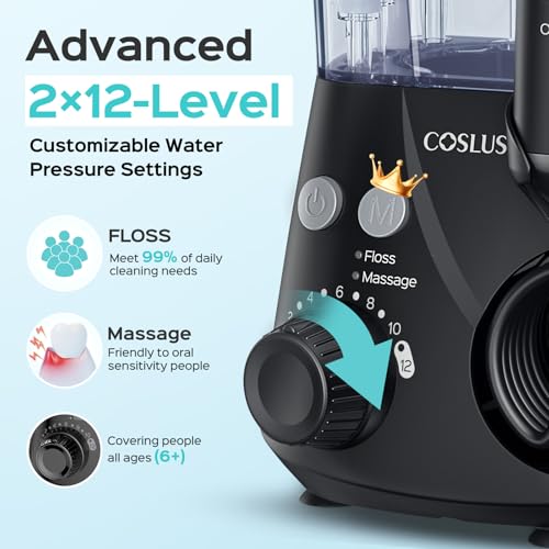 Image of COSLUS E2 Advanced Water Dental Flosser Teeth, 2 Modes 12 Pressure Settings | Electric Pick for Orthodontic, Braces, Sensitive Gums - Home Use, 5 Jet Tips for Multiple Family Users, Black, Standard Set