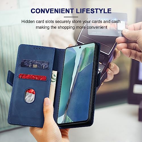 Image of Jasonyu Flip Wallet Case for Samsung Galaxy Note 20,Leather Magnetic Folio Cover with Card Holder,Kickstand - TPU Shockproof Durable Protective Phone Case,Blue