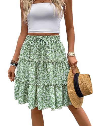 Women's Floral Skirt Boho Tiered Layered High Waisted Flowy A Line Ruffle Skirts