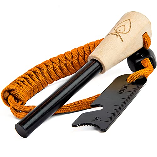 Texas Bushcraft Fire Starter – 3/8″ Thick Ferro Rod with Striker and Paracord Wrist Lanyard – Waterproof Flint Fire Steel Survival Lighter for Your Camping, Hiking and Backpacking Gear