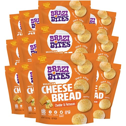 Brazi Bites Gluten-Free Brazilian Cheese Bread: Cheddar & Parmesan | Vegetarian Frozen Bread Snacks | Soy-Free | No Artificial Ingredients | No Preservatives | 11.5 oz. pouches (12-pack)